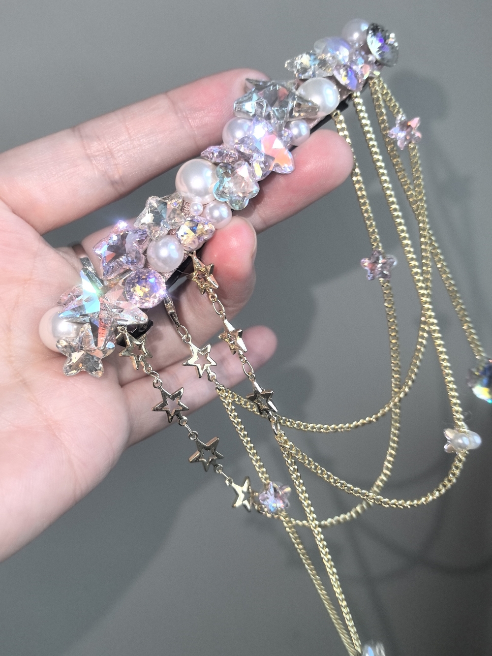 handmade Swaroski Crystal & Pearl Star Hair Clip with Gold Chains